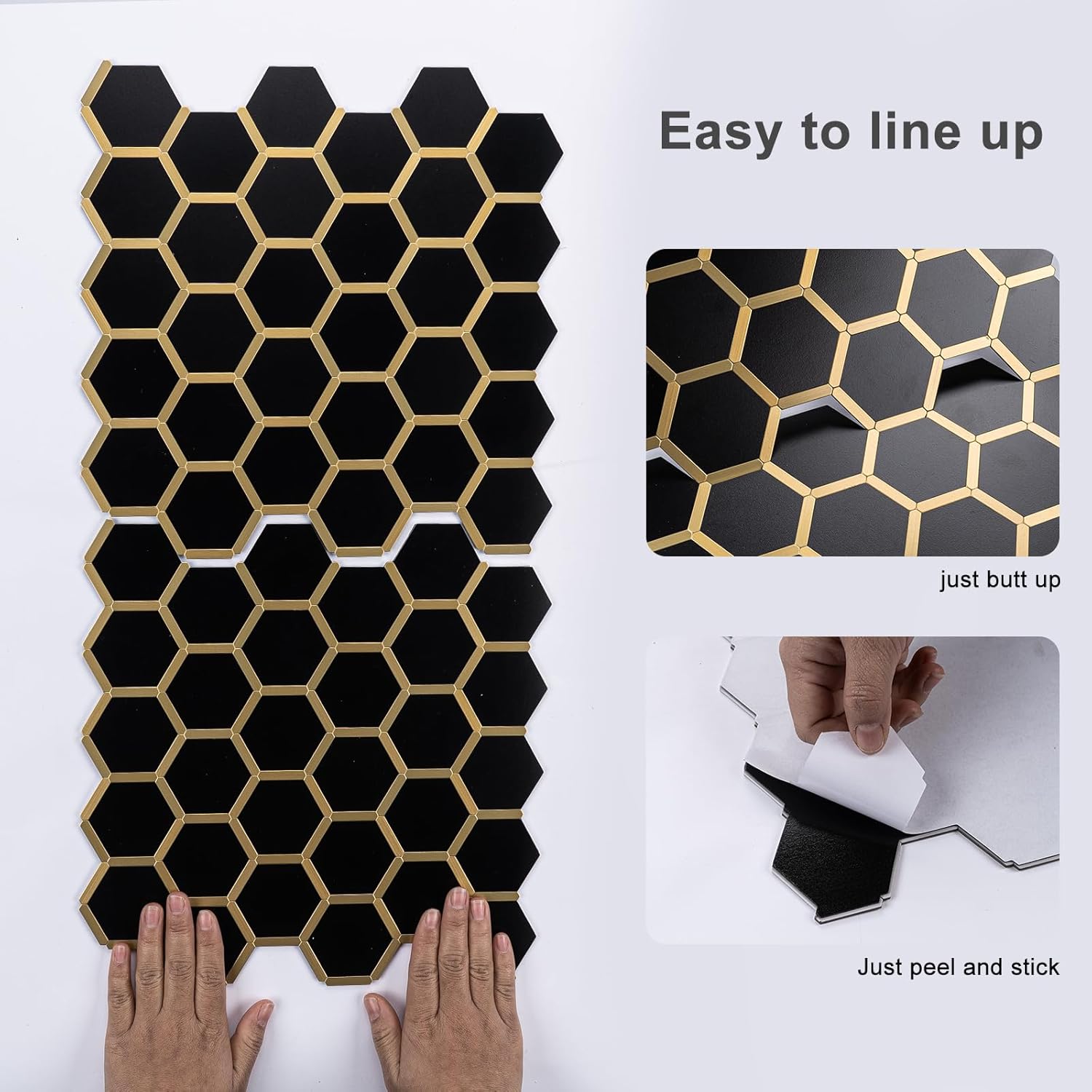 Hexagon Peel and Stick on Backsplash for Kitchen and Bathroom, Black Marble Look PVC Mixed Metal Gold Self Adhesive Metal Mosaic Tiles(10 Sheets, Seamless)