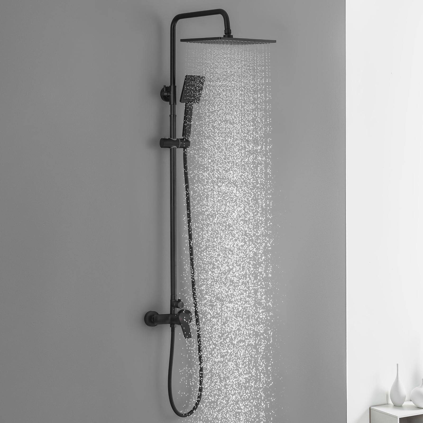 DERW Black Shower Mixer Set - 10" Square Rainfall Head & Handheld Shower, Solid Brass Valve, Ceramic Cartridge, 124cm Shower Riser Rail, 1.5m Anti-Tangle Hose, Fit for UK Bathrooms