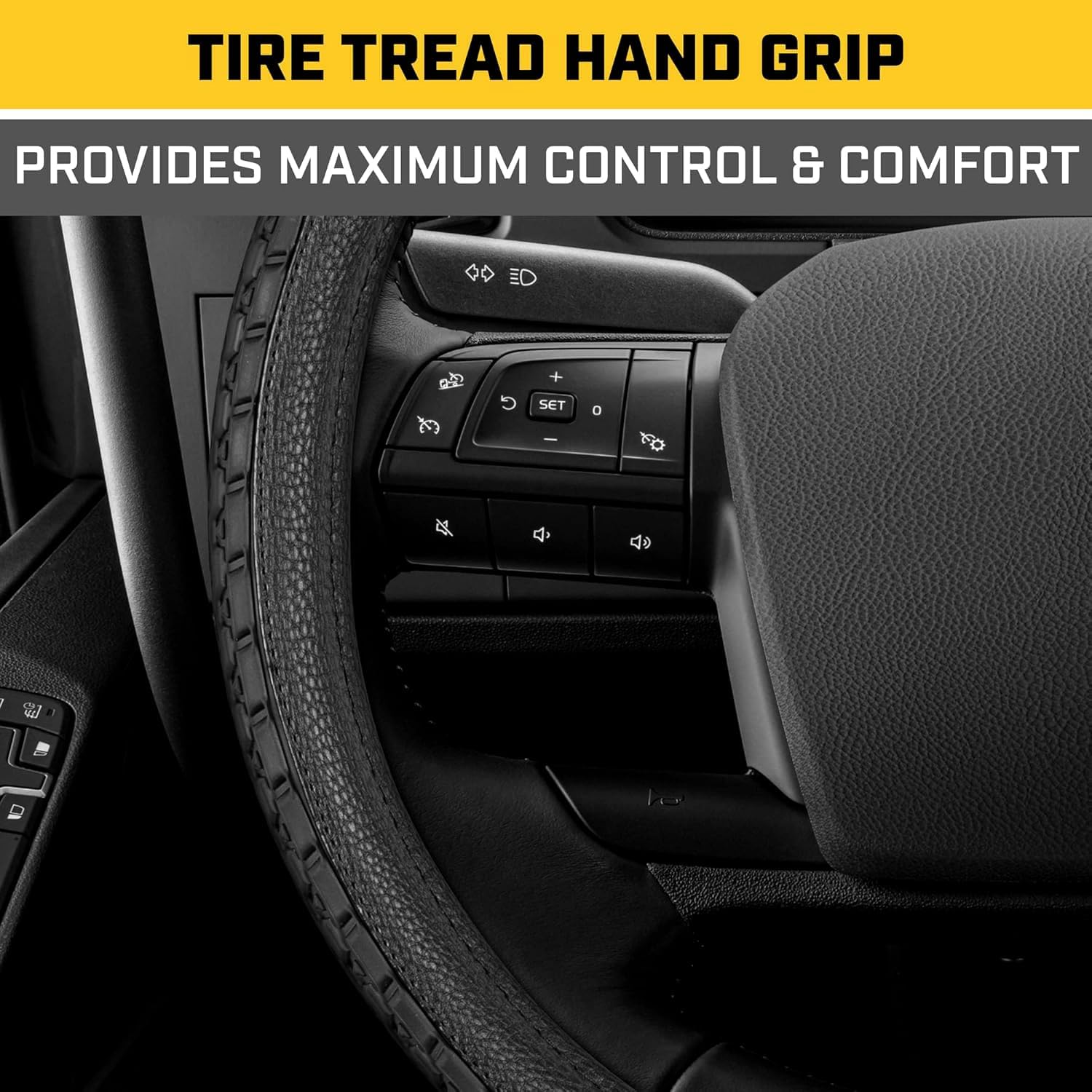 Car Steering Wheel Cover, Extra Large 18 inch Size, Tire Tread Inspired Traction Grip Design, Black Steering Wheel Cover for RV Semi Truck Big Rig Trucker + Air Freshener Bundle