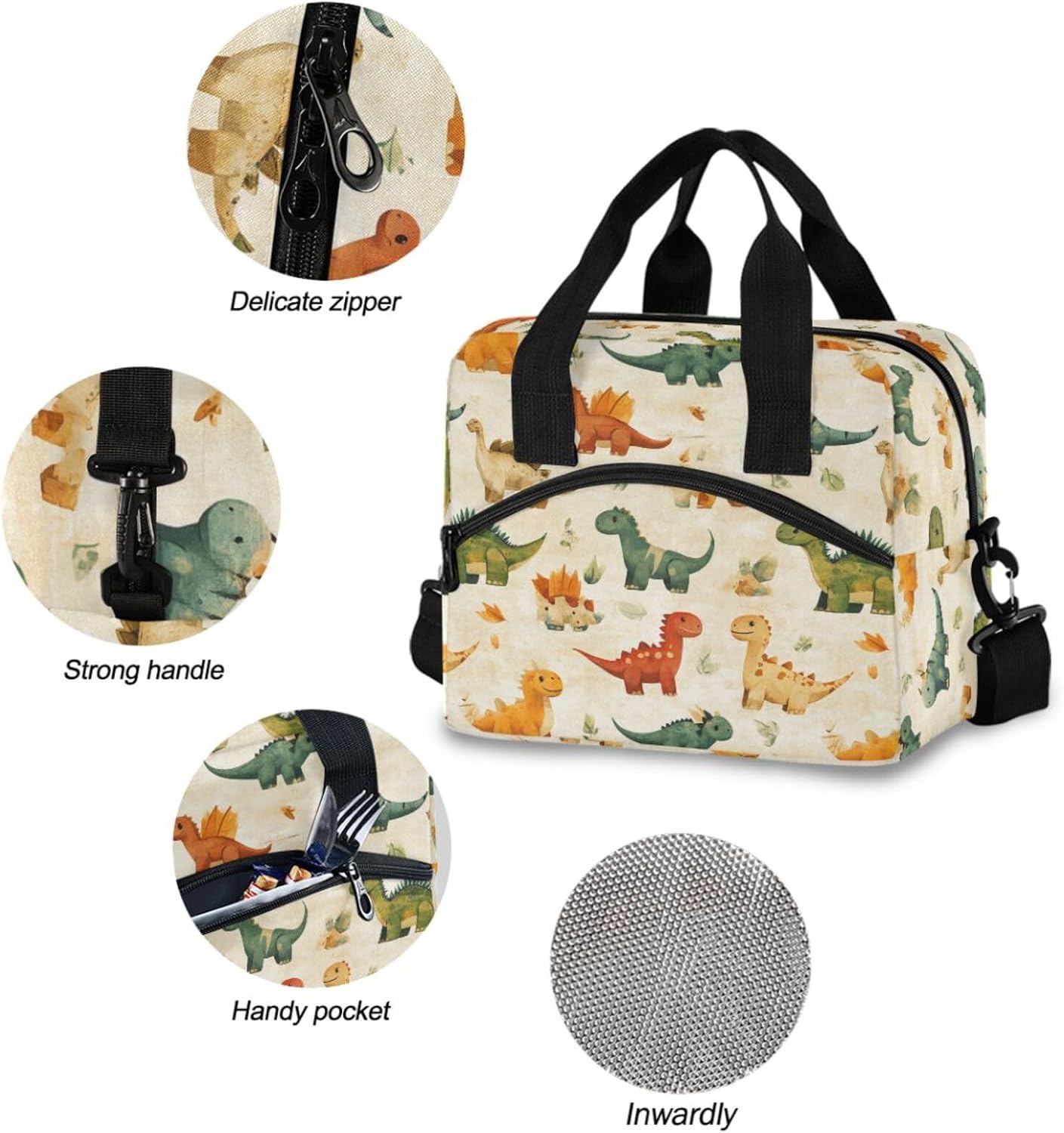 Insulated Lunch Bag Vintage Cute Dino Animals Reusable Cooler Lunch Tote Box with Shoulder Strap for Work Picnic School Beach