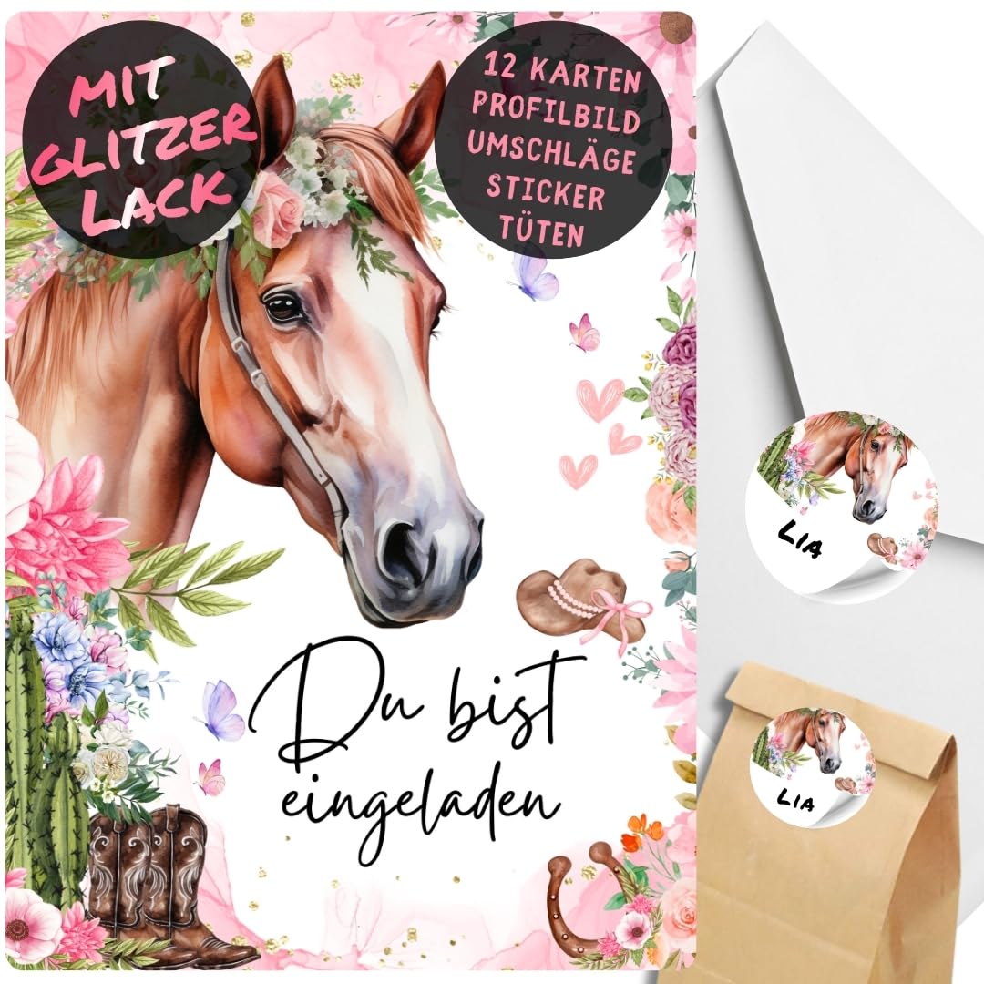 12 Regenbogenpferd-Einladungskarten + Armband – Glitzernd, Für Kindergeburtstage & Mottopartys