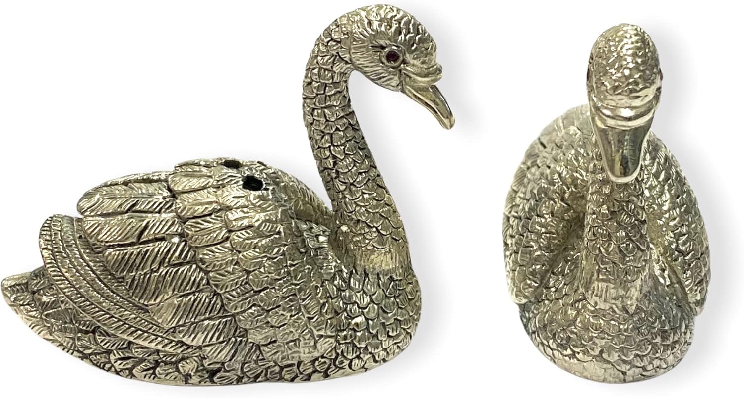 Novelty Style Swan Pair with Ruby Stone Salt and Pepper Shaker Pots 925 Silver Plated