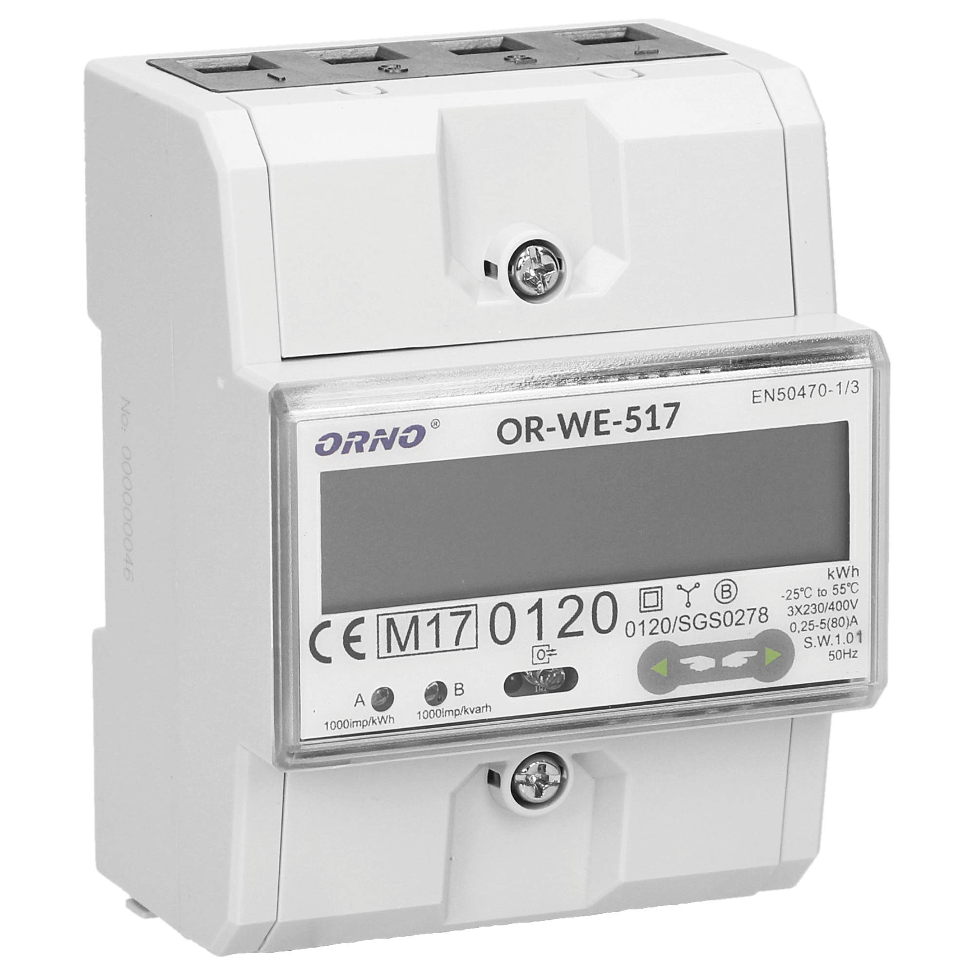 ORNO WE-517 Contatore Energia Elettrica Multitariffa Bidirezionale DIN Binario per Sistemi Trifase con Certificato MID e RS845, 0.25A - 80A.3 x 230V/400V, 50/60Hz, 1000 imp/kWh