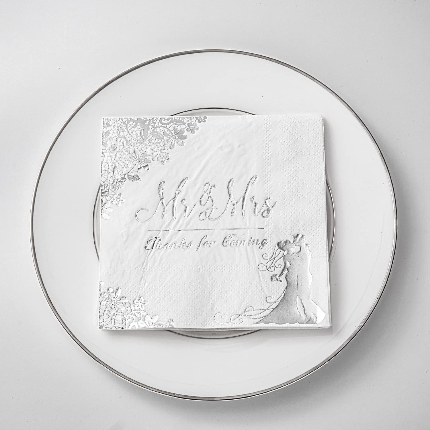 200 Pcs Silver Napkins for Reception, Mr & Mrs Cocktail Napkins, Disposable Napkins for Wedding, Engagement, Bridal Shower Party Decorations