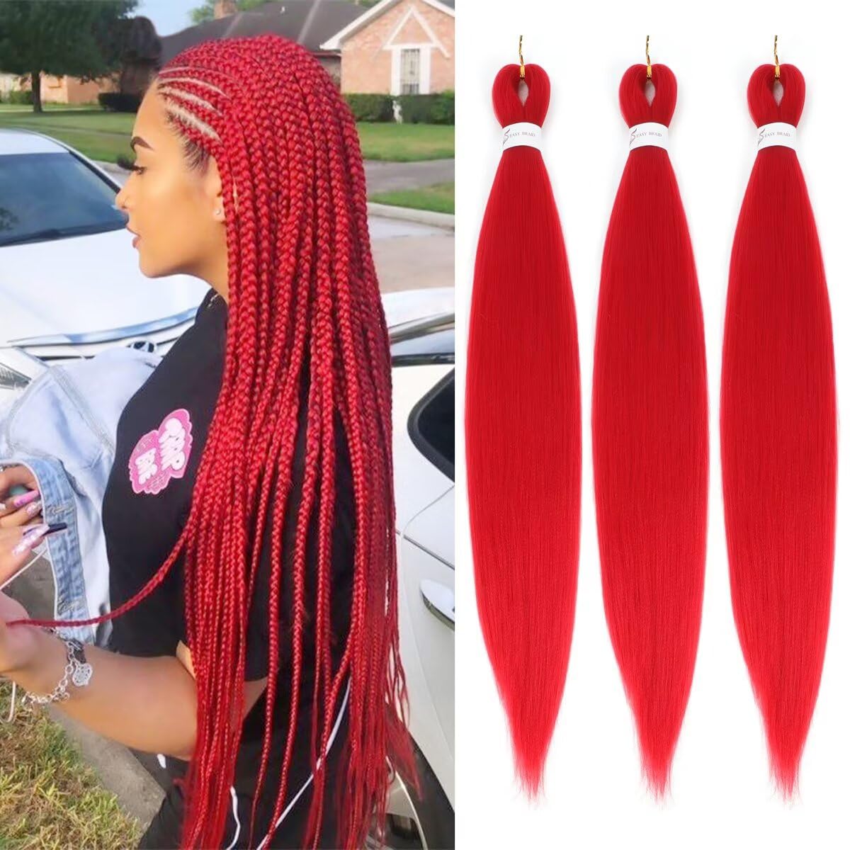 Red Braiding Hair Pre Stretched Easy Braids Yaki Texture Professional Synthetic Braiding Hair 26 Inches Braids Hot Water Setting for Box Crochet Hair Extensions (3pcs,Red)