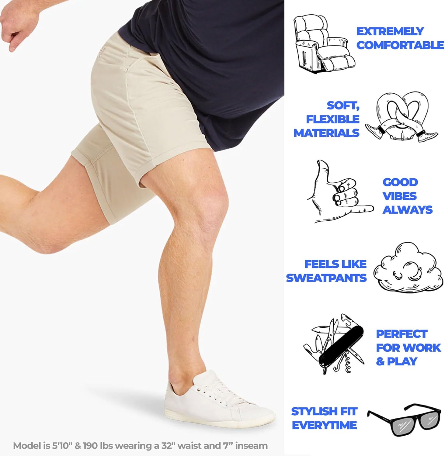 Mugsy Men’s Chinos Shorts, 4-Way Stretch Khaki Shorts for Men, Comfortable, Classic Fit, 7" Inseam