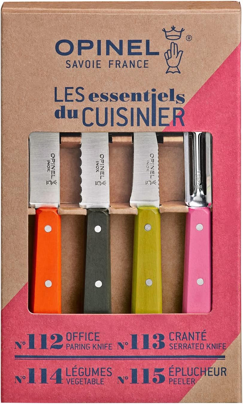 Opinel Les Essentials Small Kitchen 4 Piece Knife Set - Paring Knife, Serrated Knife, Peeler, Vegetable Knife, Corrosion Resistant High Carbon Steel, Made in France (50s)