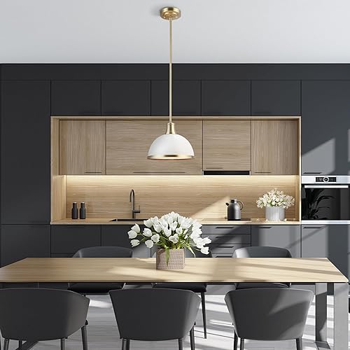 Miniatura 4 de Globe Electric 60824 Colgante de 1 luz, blanco mate, detalles de latón mate, isla de cocina, cafetería, decorativo, lámpara colgante de techo,
