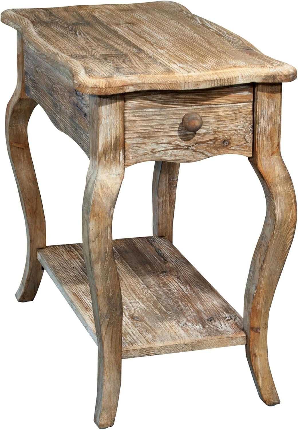Alaterre Furniture Austerity Living Room Tables – 15 Inch Narrow Chairside Table with Drawer, Shelf, Scalloped Edges, & Curved Legs – Rustic Accent Side Table in Driftwood Finish