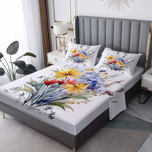Sábanas de flores silvestres tamaño King dividido para cama ajustable, sábanas de plantas florales, sábanas estampadas y juego de 5 piezas -