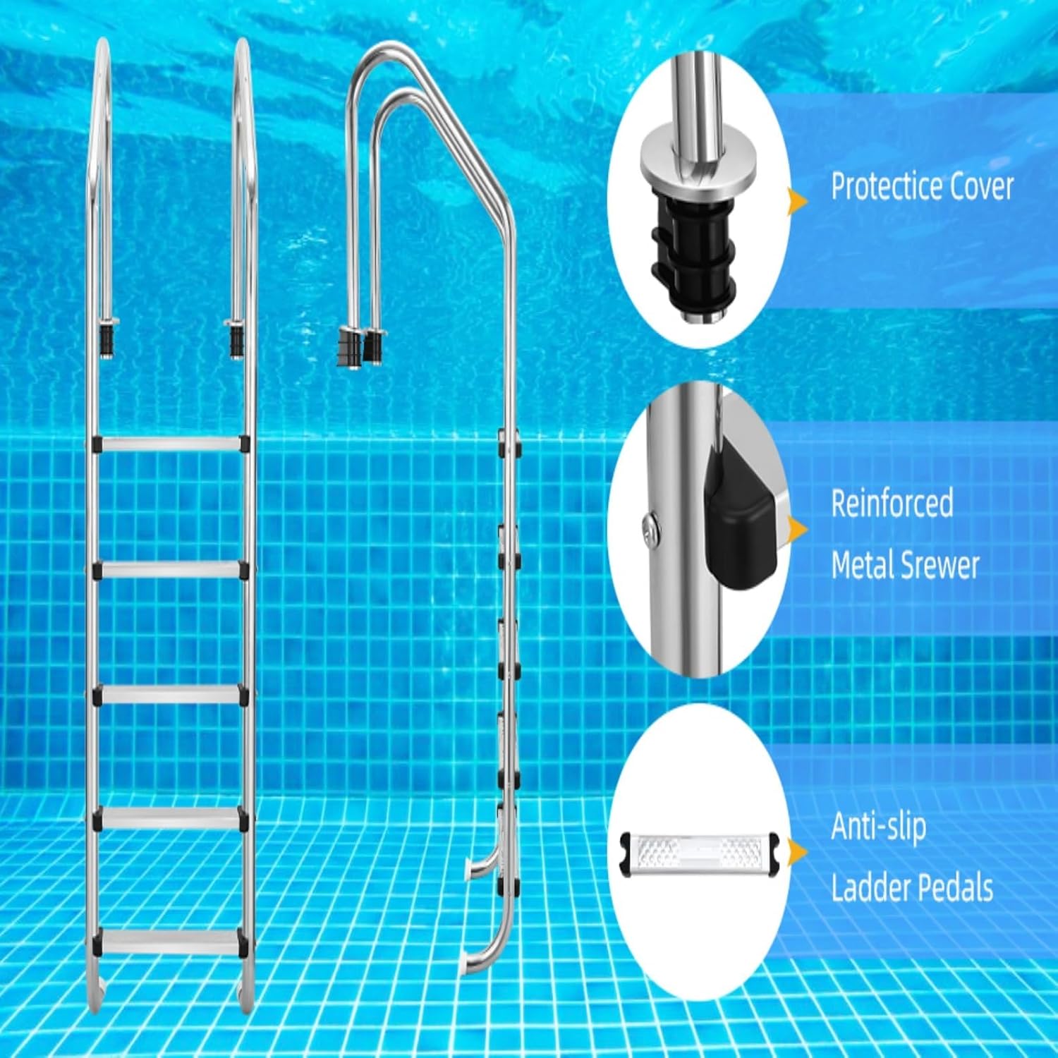 5-Step Stainless Steel In-Ground Pool Ladder with Handrails, Rust-Resistant Heavy Duty, Non-Slip Steps, 385 Lbs Load Capacity, Easy Assembly for Outdoor & Indoor Use
