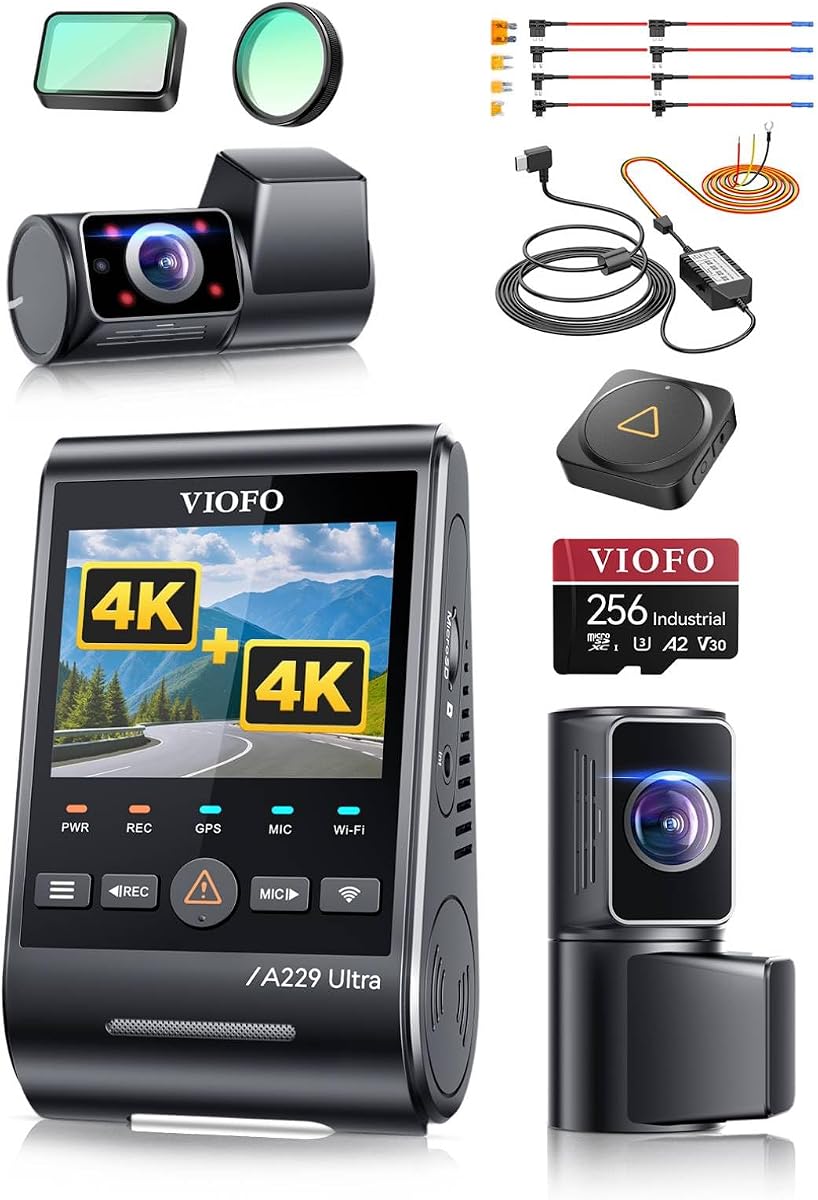【Bundle: A229U 3CH+256GB Card+HK4 Hardwire Kit+Bluetooth Remote+CPL-600】 VIOFO A229 Ultra 3 Channel Dash Cam, Dual 4K + 1080P, 210° Fisheye Cabin Car Camera, Triple STARVIS 2 Sensors with Dual 4K HDR