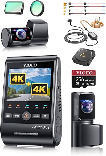 Bundle A229U 3CH+256GB Card+HK4 Hardwire Kit+Bluetooth Remote+CPL-600 VIOFO A229 Ultra 3 Channel Dash Cam, Dual 4K + 1080P, 210 Fisheye Cabin Car Camera, Triple STARVIS 2 Sensors with Dual 4K HDR