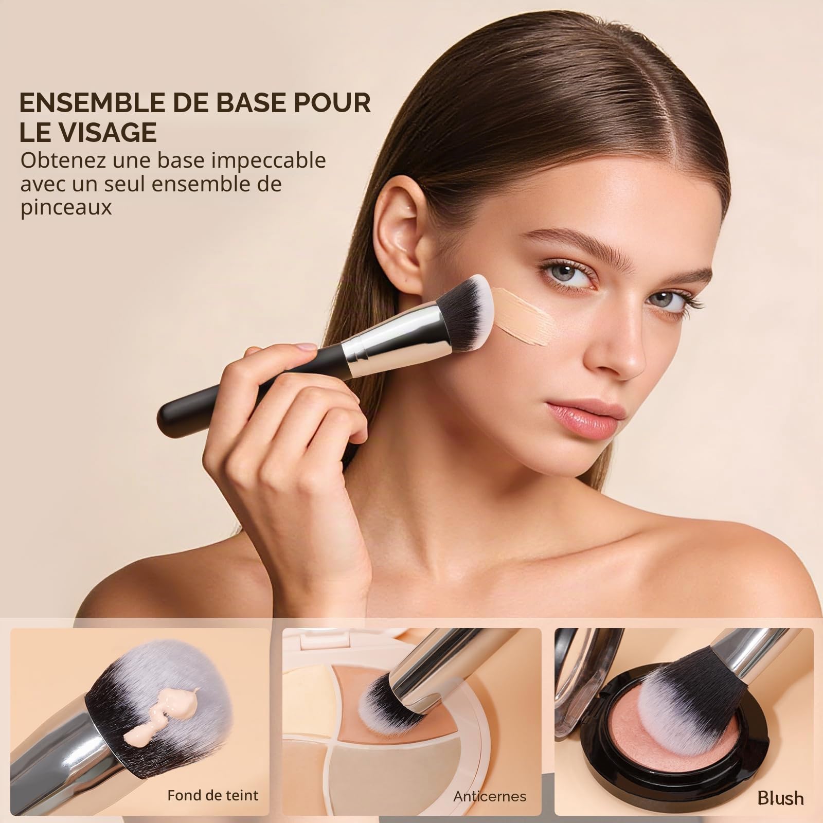 DUcare Lot de 3 pinceaux de maquillage pour le visage - Fond de teint, correcteur, blush - Poils doux et denses - Pour estomper la crème liquide, le polissage, l'anti-cernes