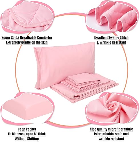 Miniatura 7 de Peryiter Juego de ropa de cama de 10 piezas para niños pequeños, juego de sábanas para niños pequeños, color rosa, incluye edredón, sábana encimera,