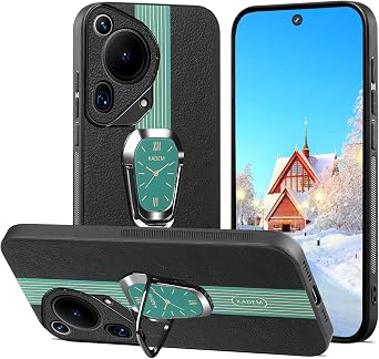 Phone Case for Huawei Pura 70 Ultra with Ring Holder Black, Clock Pattern Stand for Huawei Pura 70 Ultra Case Leather Slim Elegant Shockproof Cover Anti-Fingerprint Green