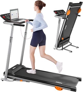 2-in-1 Folding Treadmill with Height Adjustable Desk, Running Machine | 8.0 MPH, Standalone Workstation Treadmill, Pneumatic Vertical Folding, FitShow/Kinomap, 265lbs Capacity,Black