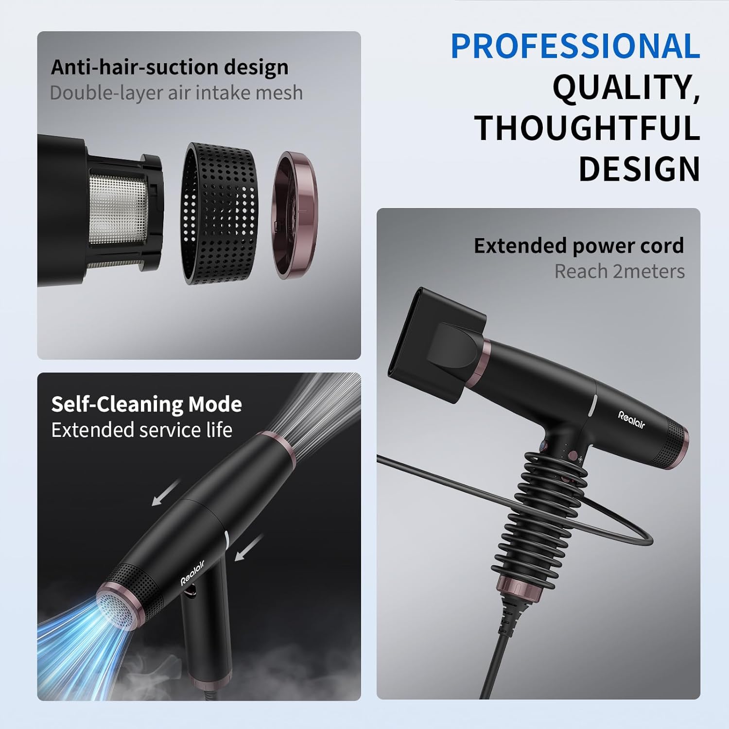 Professional Ionic Hair Dryer with 2 Attachments (Diffuser & Concentrator), High-Speed Blow Dryer for Women Men, Lightweight Quiet Hairdryer for Travel & Home, for All Hair Types - Image 8