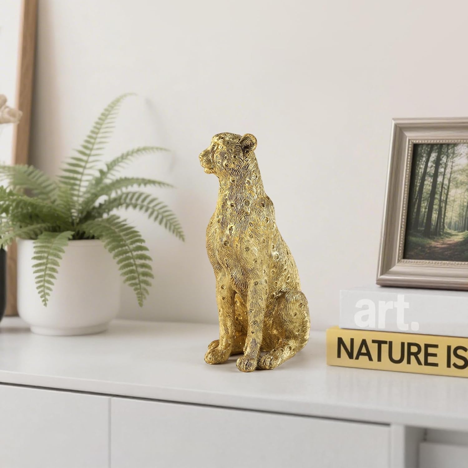 Cheetah Statue for Home Decor, 8" Resin Sitting Leopard Sculpture, Gold Desktop Decoration for Living Room, Dining Room, Office,Shelves, Coffee Table, Tv Stand or Entry Way
