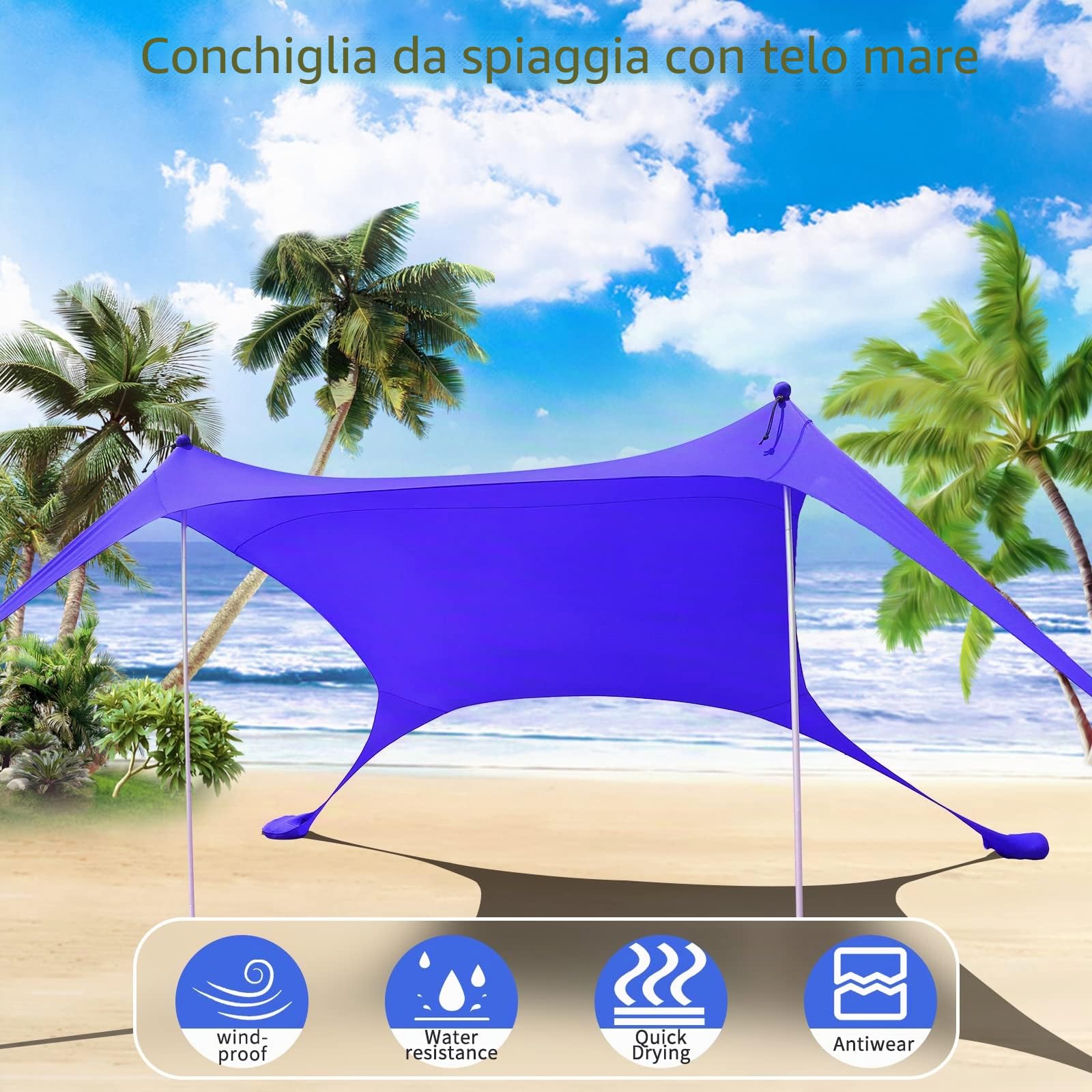 Tenda da spiaggia UPF50+, protezione UV, piccola tenda da sole per esterni, con 2 pali per campeggio, spiaggia, pesca, cortile e picnic