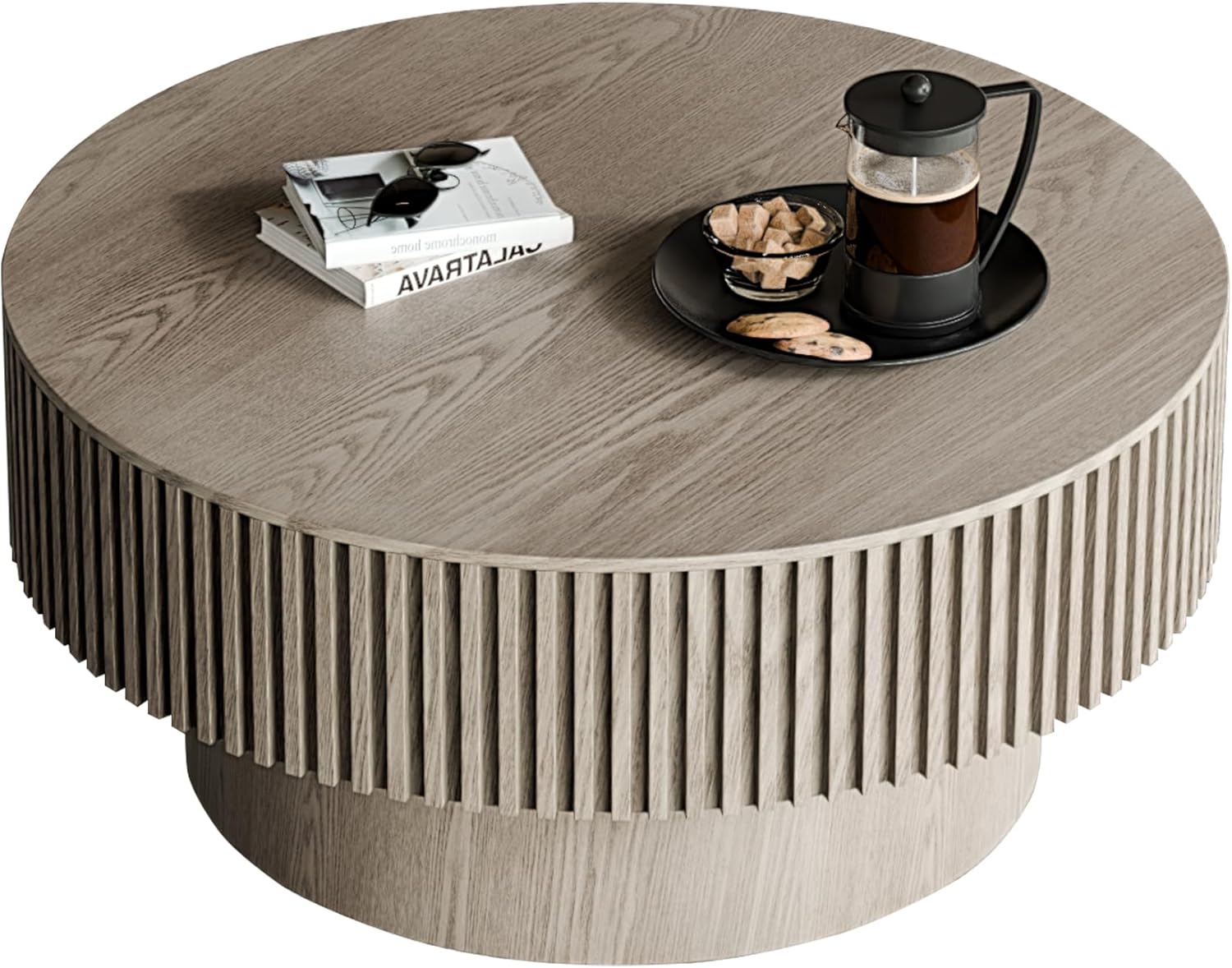 WILLIAMSPACE 31.5" Round Coffee Table with Storage, Modern Luxury Circle Drum Center Table with Solid Wood Veneered, Accent Side Table End Table for Living Room Apartment, ø31.5" x 14"H (Gray)