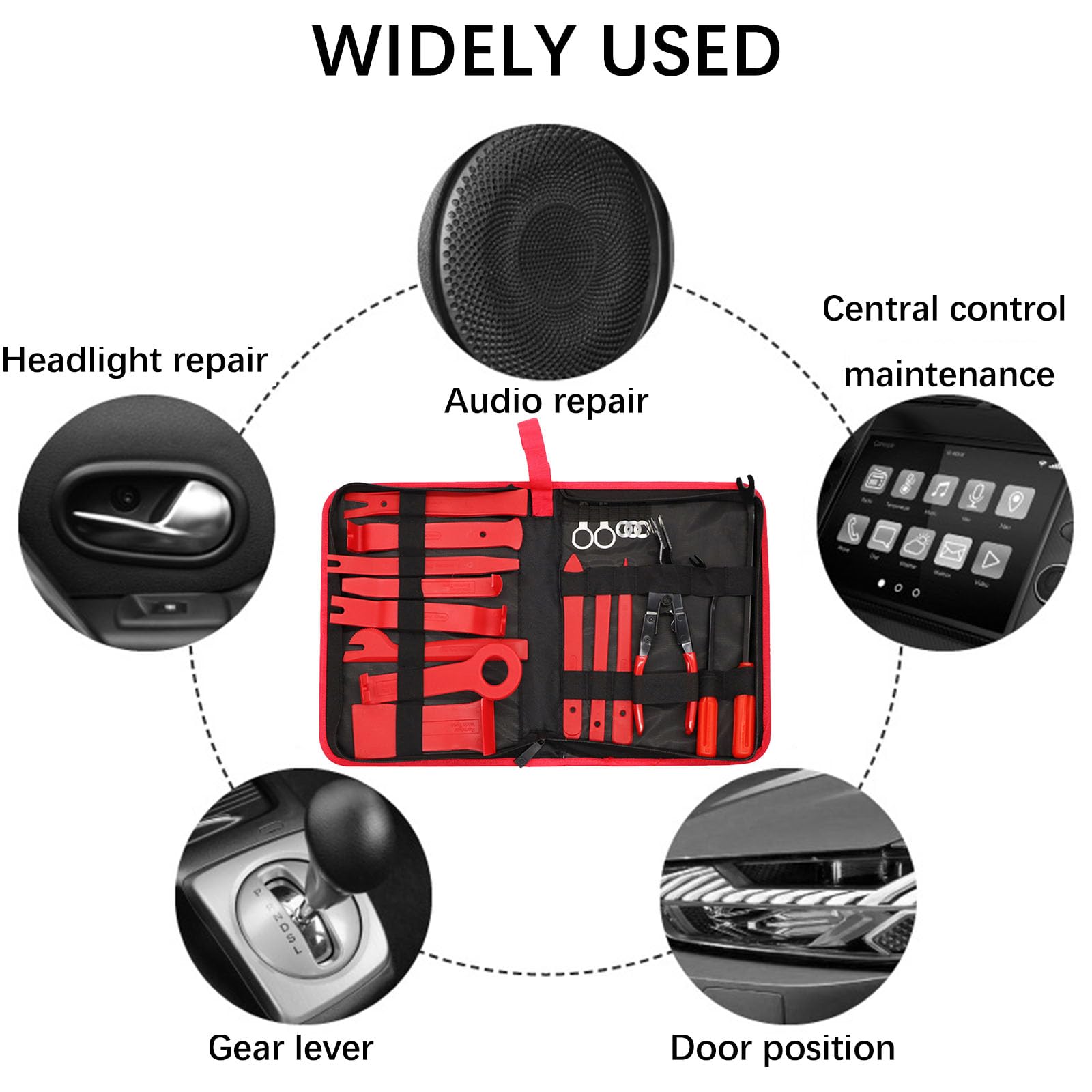 Helweet Kit Smontaggio Pannelli Auto, Strumento di Rimozione Pannelli, Cunei di Plastica Leve Kit, Set di Strumenti per La Rimozione, per Smontare Pannello Interno Auto Radio, 19 Pezzi, Rosso