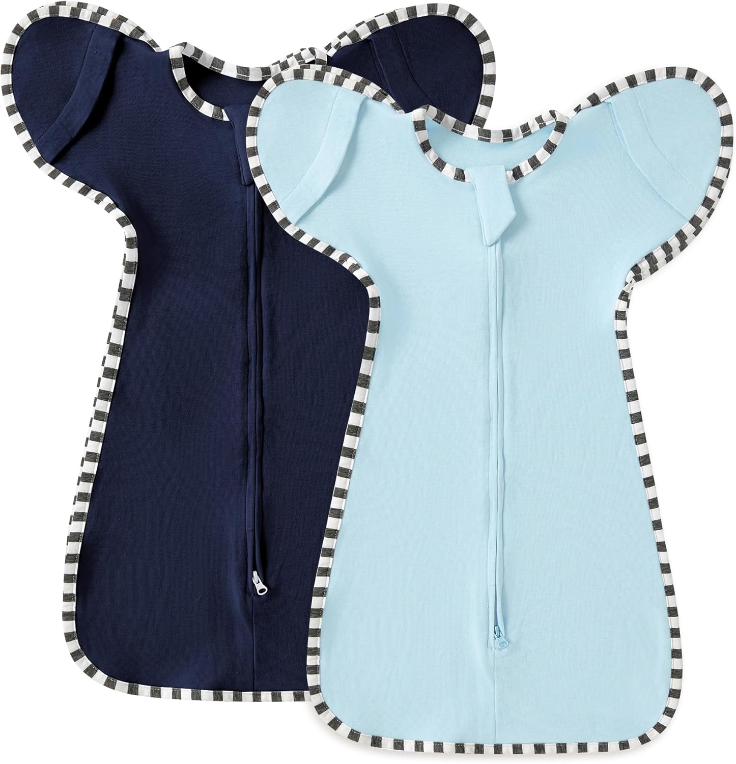 Soft Cotton Swaddle Blanket, Arms Up Baby Sleep Transitional Swaddle Sack Wearable Sleeping Bag for Boy Girl (Blue + Dark Blue, L(6-9 Months))
