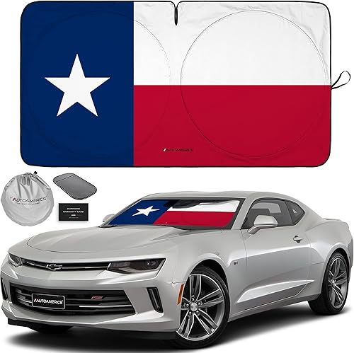 Autoamerics Parasol para parabrisas de 1 pieza con diseño patriótico de la bandera estadounidense de Texas, parasol plegable para ventana delantera