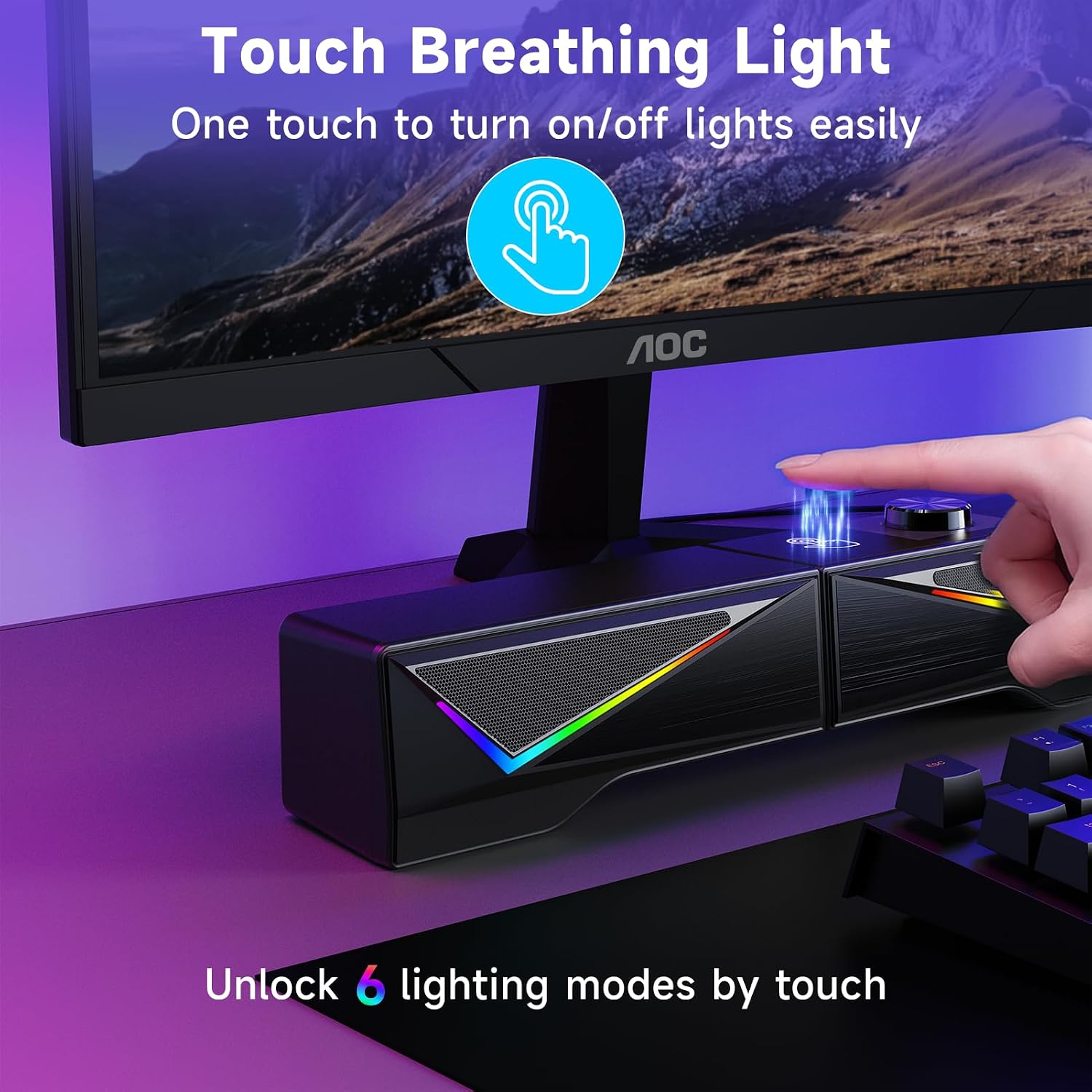 AOC Computer Speakers for Desktop, Bluetooth & USB Input, USB Powered Gaming Stereo Speakers for PC Laptop Monitor, 6 Colorful RGB Modes, Detachable 2-in-1 Design (Package Only 2 Speaker)