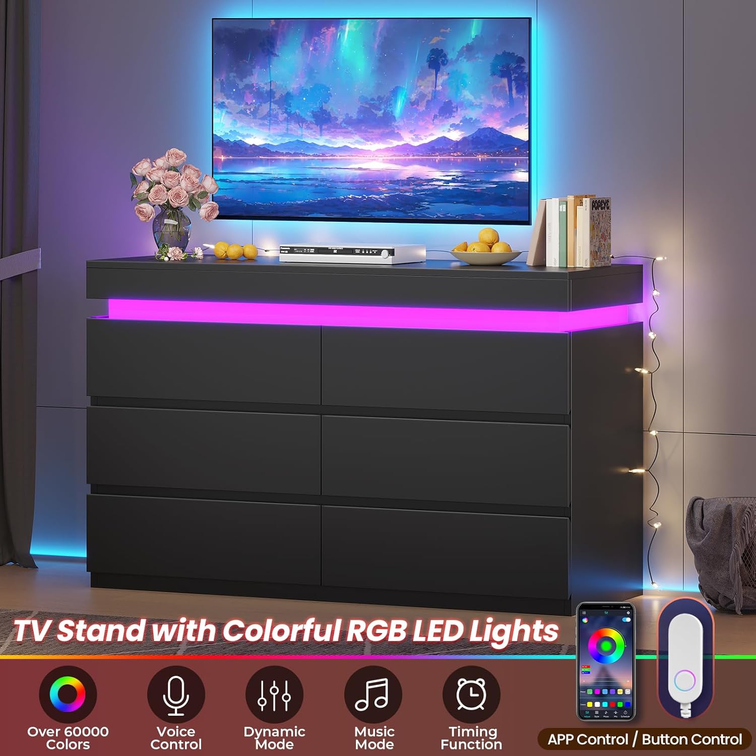 HAUOMS 6 Drawer Dresser with LED Light, Black Modern Chest of Drawers for Bedroom,Closet Dressers with Drawers for Living Room, Entryway, Hallway