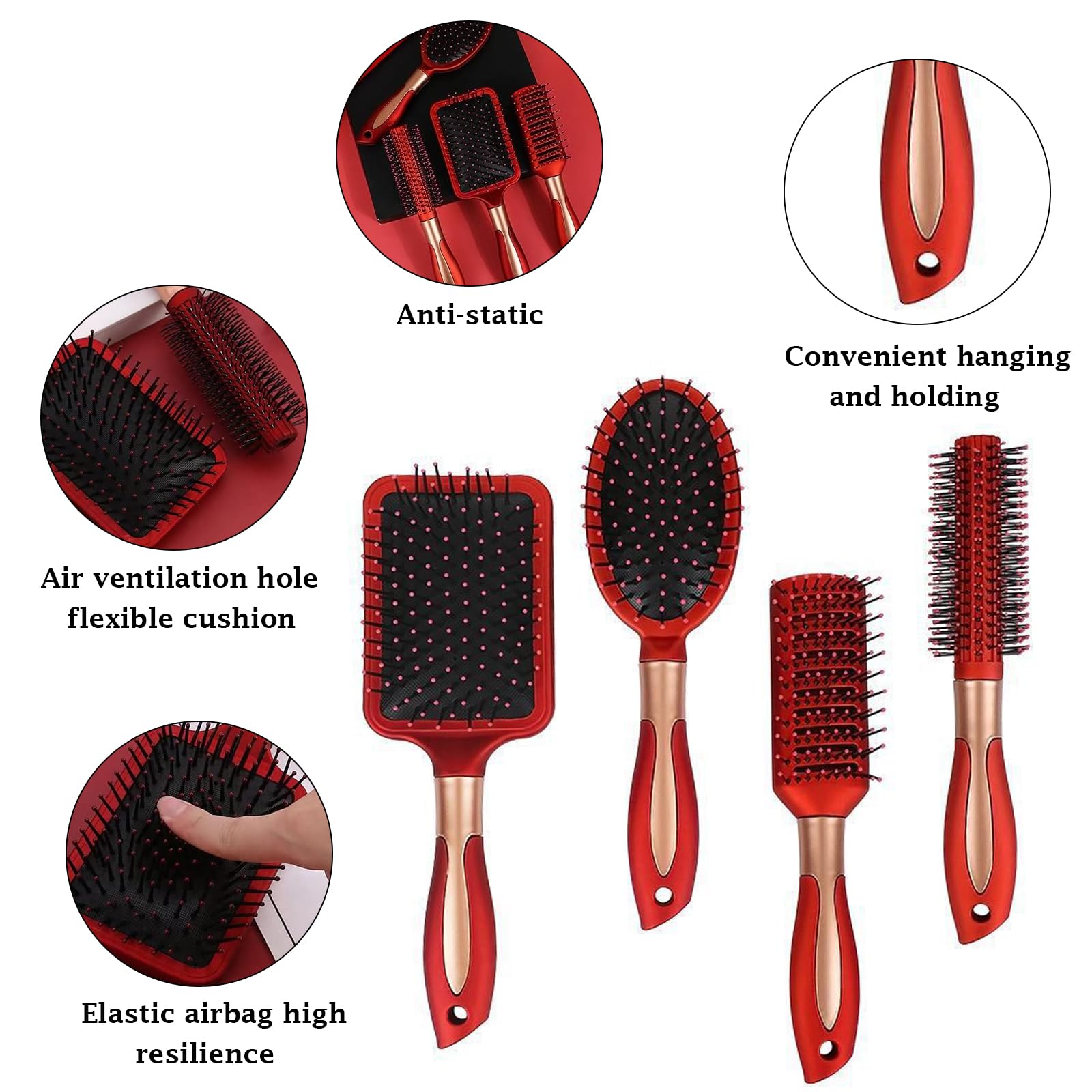 Hair Brush Set ,DDUP 4 PACK Anti Static Massage Oval Comb Round, Vent,Detangling,Paddle Brush for Women Men (Red) - Image 3