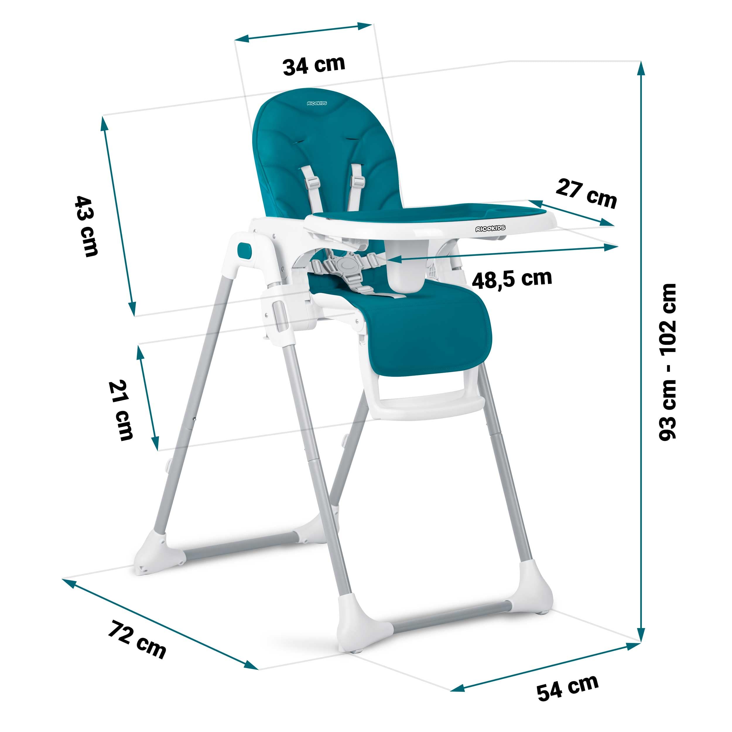 Ricokids - Tulo - 2in1 Hochstuhl Baby - Mit Gurt - Mit Abnehmbarem Tablett - Klappbarer Fütterungsstuhl Mit Rollen - Verstellbare Rückenlehne - Mitwachsender - Ab 6 Monat -102x54x72 cm - Blau