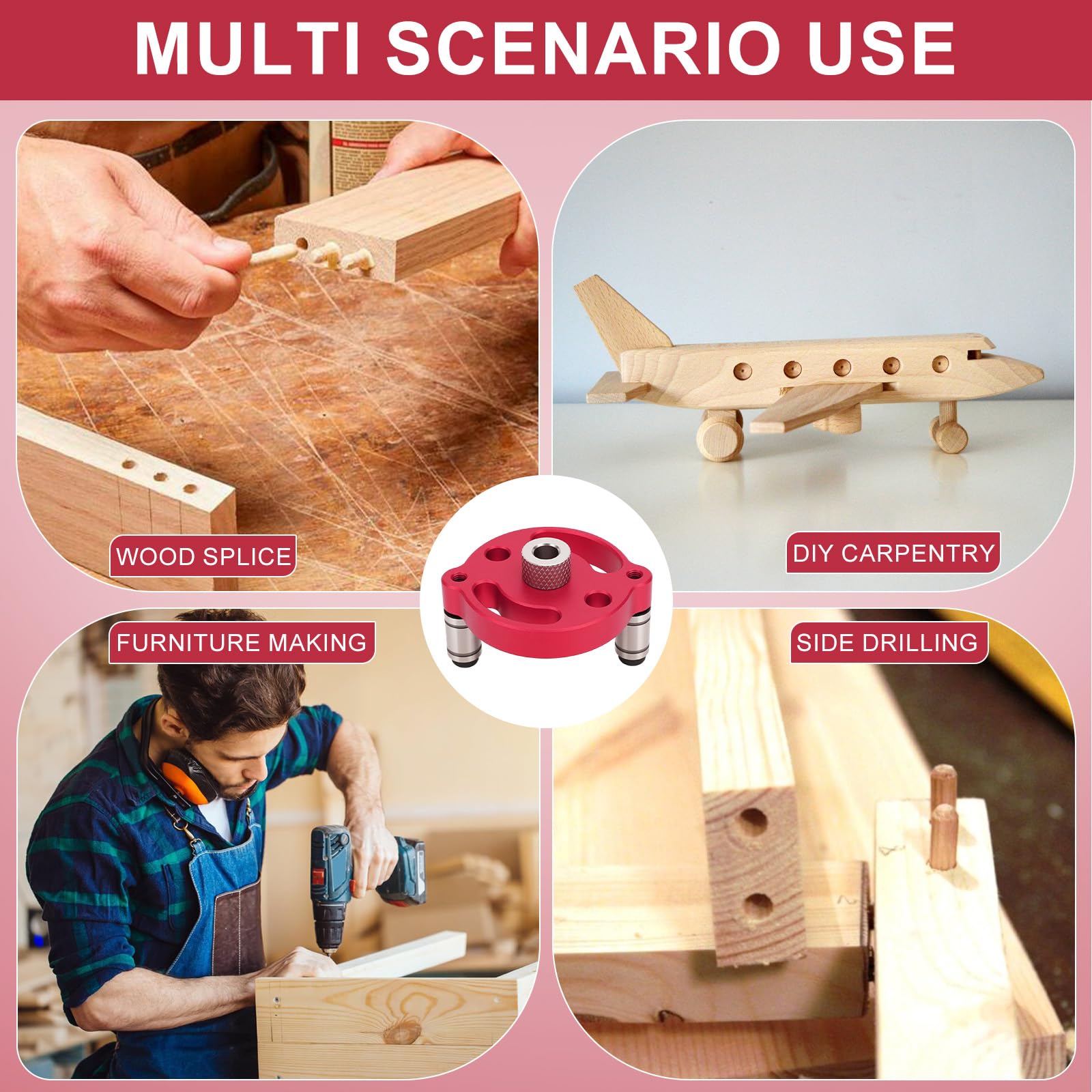 Kit di Ricerca del centro per la Lavorazione del legno, Autocentrante verticale con Bussole da 3/4/5/6/7/8/9/10 mm, Guida per trapano verticale per legno massiccio duro (rosso)