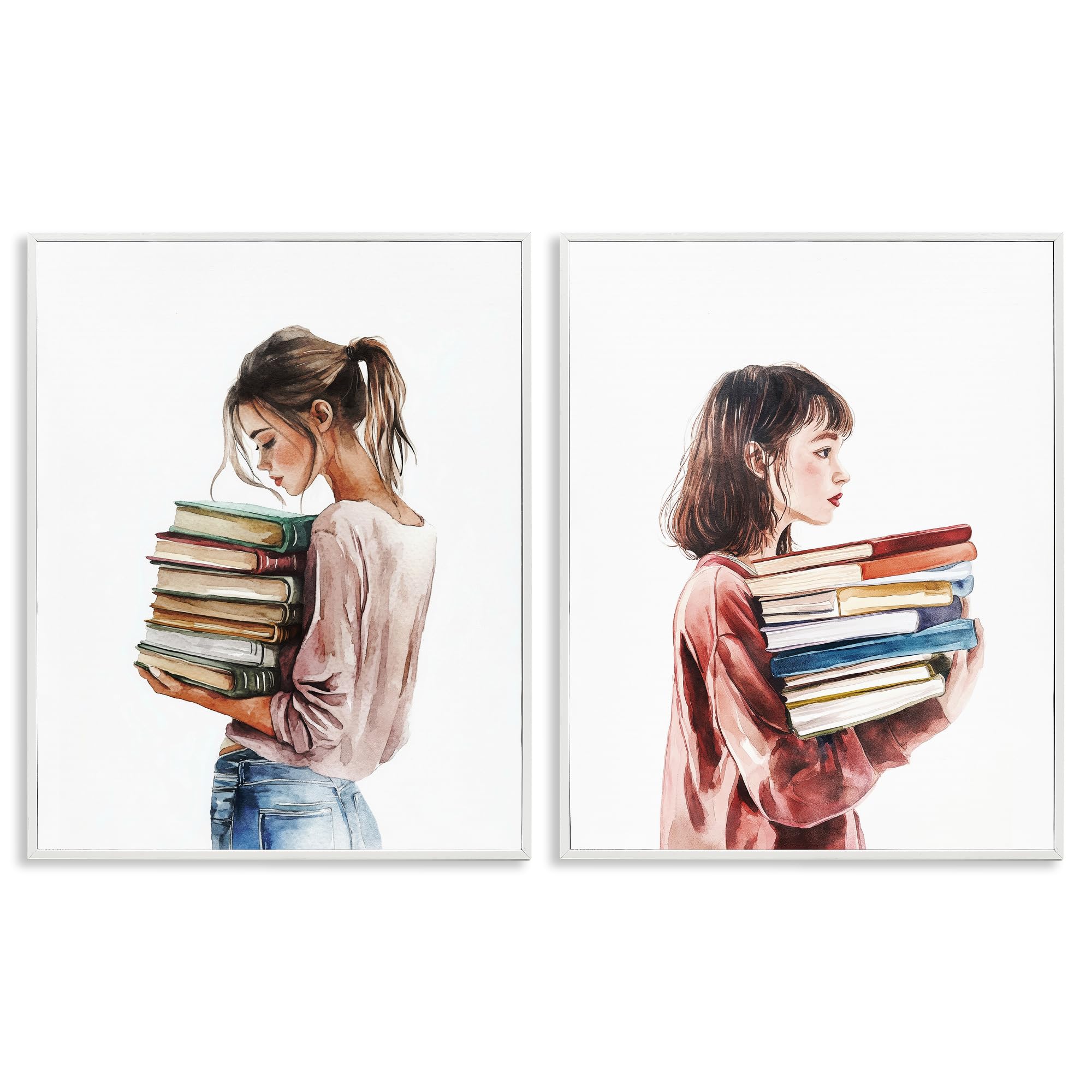 Girls and Library Book Stacks, 16 x 20 Inch Framed Giclée Print Set