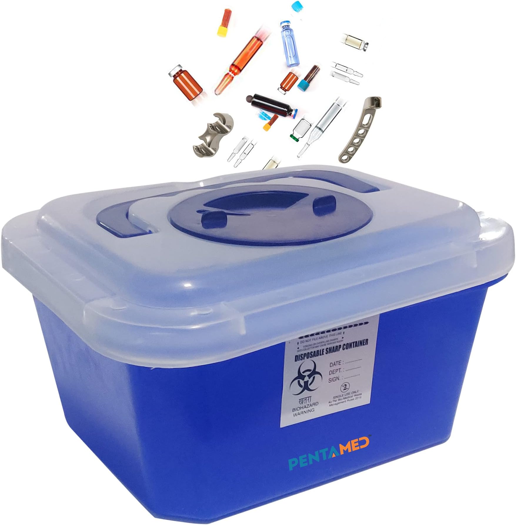 PENTAMED Blue Sharps Containers | Glass Waste and Metallic Implants | Bio-hazard | Bio-Medical Sharps Container Puncture Proof Box | (1.5 | 3.5 | 5.5 Liters) (3.5 Ltr)