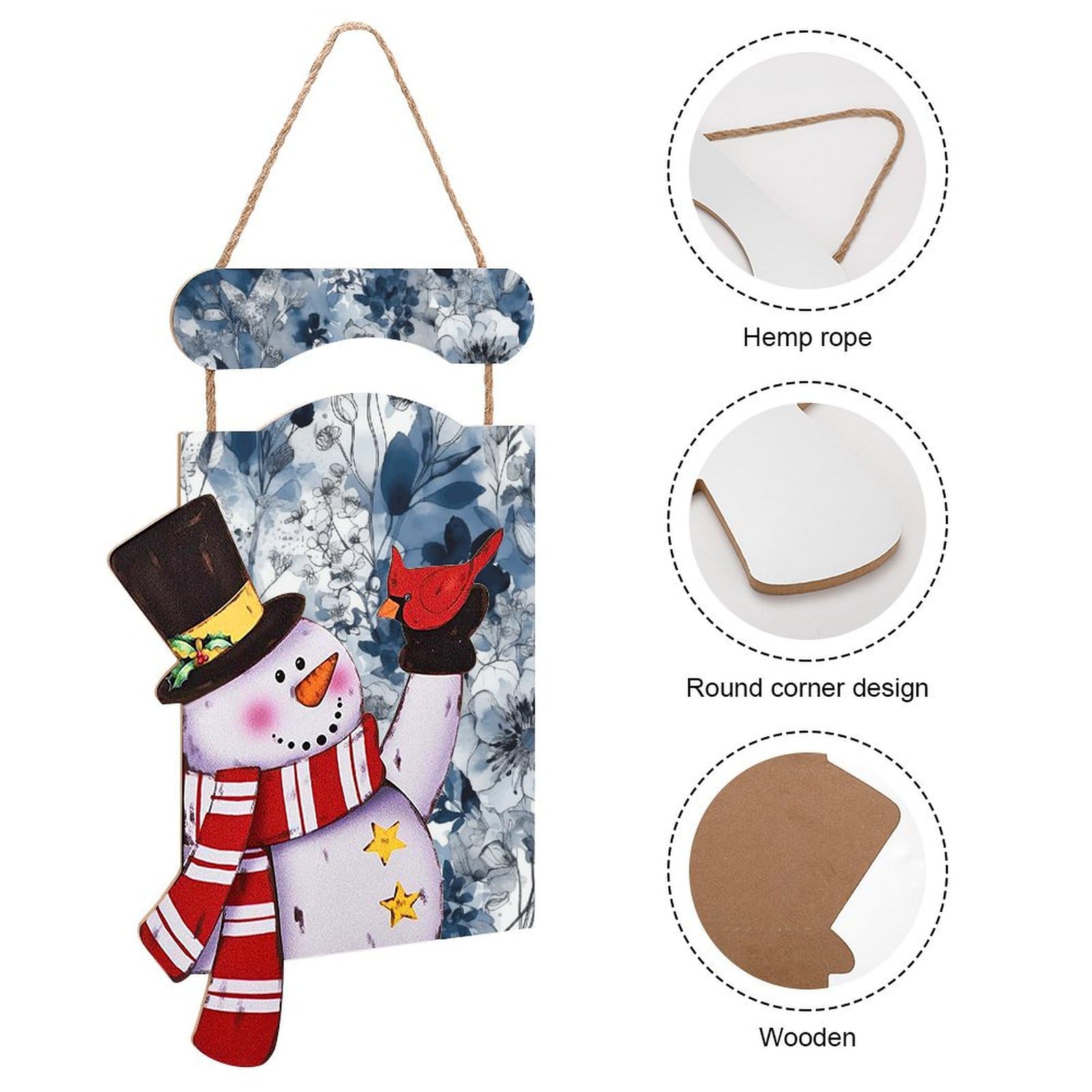 Bonhomme de neige de Noël en bois à suspendre pour décoration murale ou porte d'entrée, motif floral bleu turquoise, décoration de Noël pour sapin de Noël