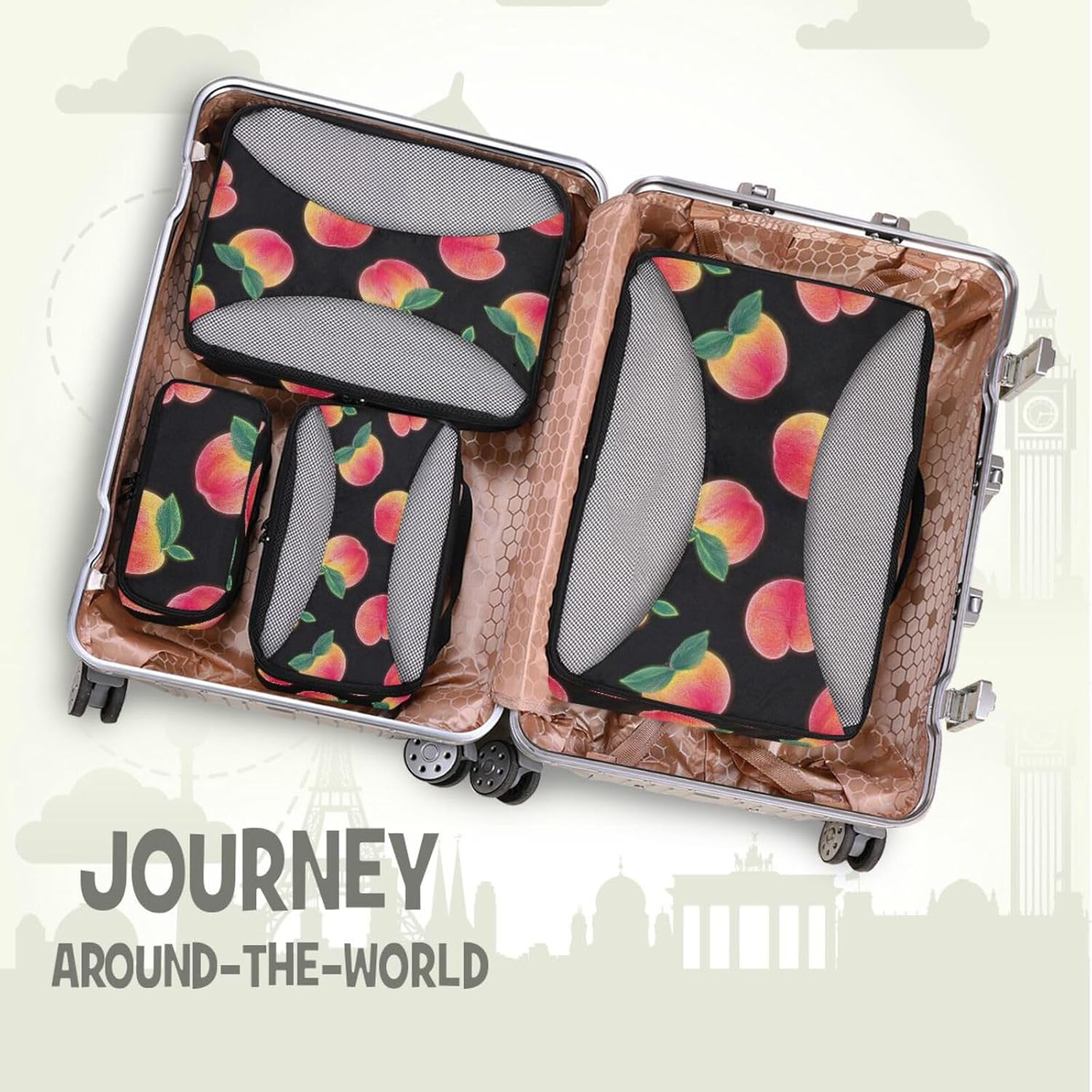 Pink Fluorescent Peach 4 Pcs set organizer for travel Mesh Travel Essentials portable set compression packing cubes