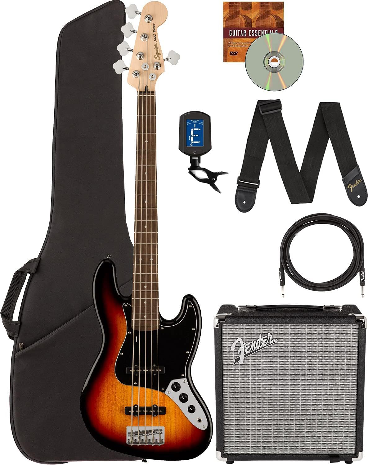 Fender Squier Affinity Jazz Bass V - 3 Color Sunburst Bundle with Rumble 15 Amplifier, Instrument Cable, Gig Bag, Tuner, Strap, and Austin Bazaar Instructional DVD