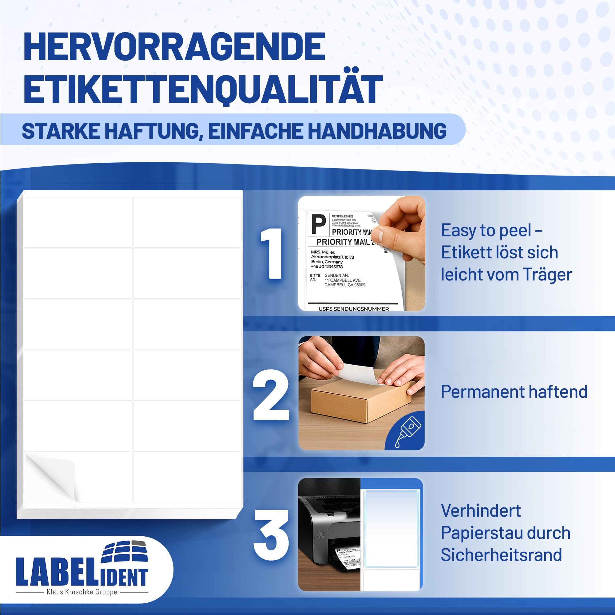 Labelident Laser-Etiketten 105 x 148 mm - 4 Etiketten pro A4-Bogen - 2.000 Etiketten (500 DIN A4 Bögen), selbstklebend, DIN A6 Adressaufkleber, Universal-Etiketten für Laser- & Inkjetdrucker