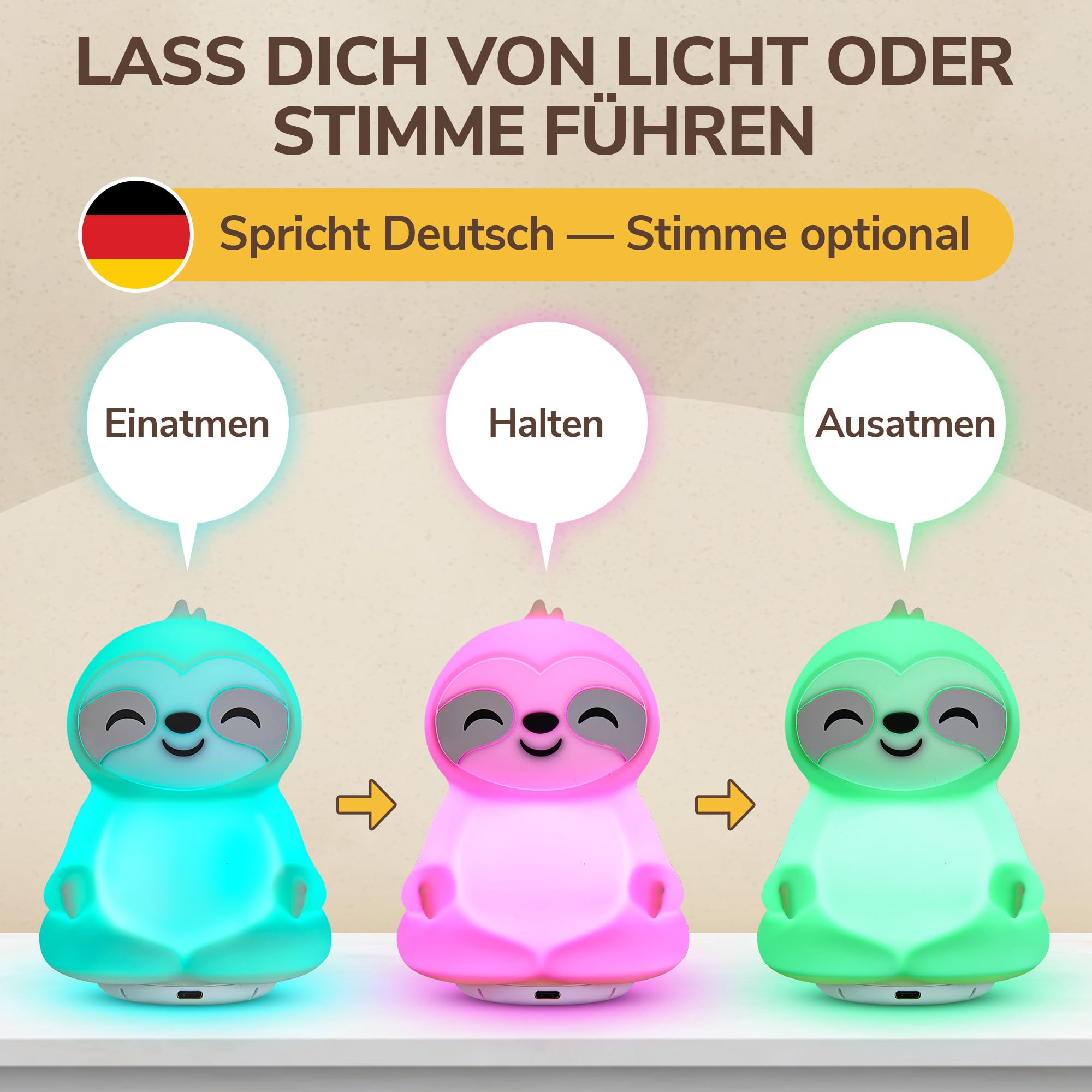 Atemtrainer mit Licht- & Sprachführung – Fördert Schlaf, Konzentration, Entspannung & Wohlbefinden – 4 Modi für Achtsamkeit – Audioanweisungen auf Deutsch – Wiederaufladbar