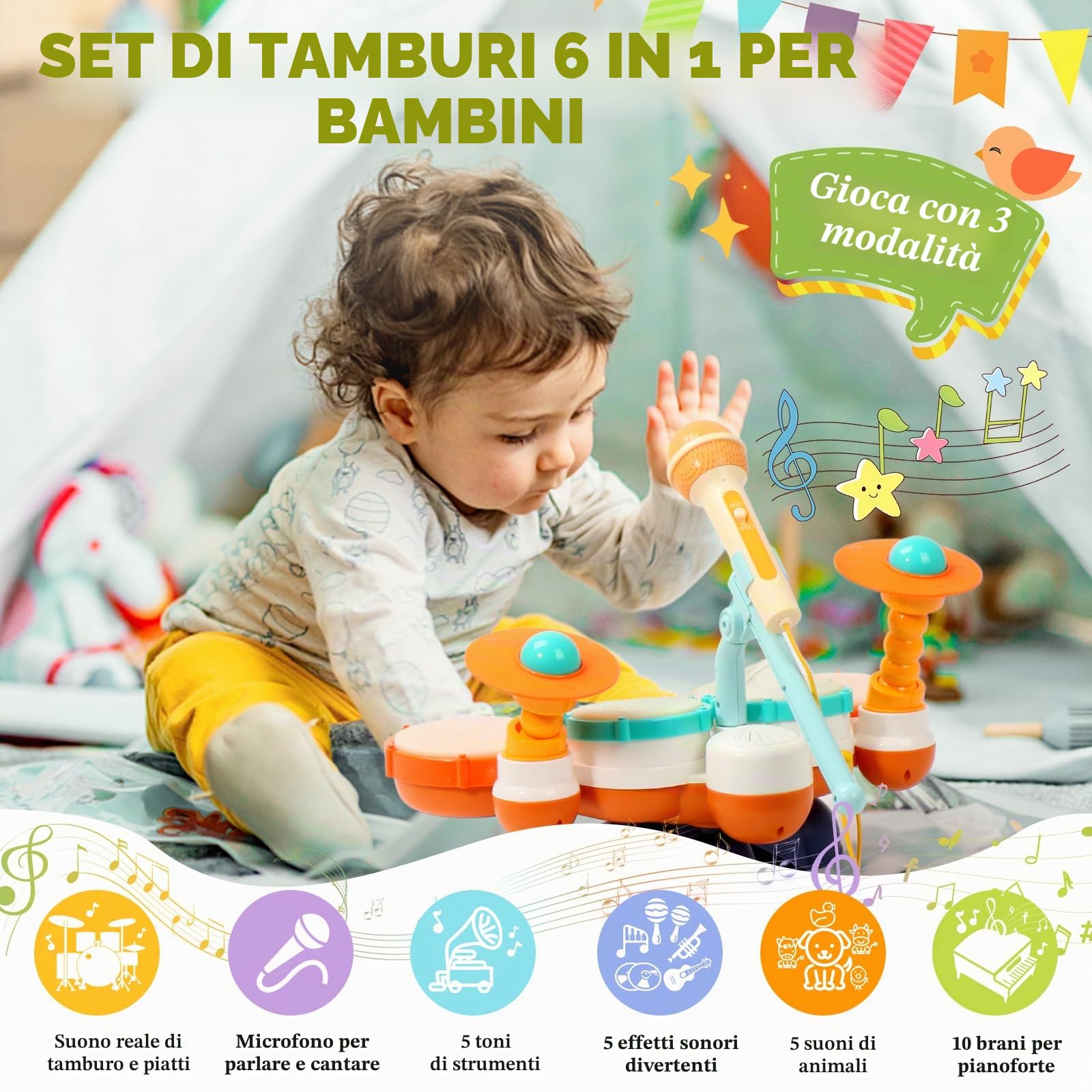 Tamburo Giochi Bambini 1 Anno- Batteria per Bambini Giocattolo Bebe 1 anno Strumenti Musicali con Suoni e Luci Tamburo Bambino Gioco Bambino 1 Anno Interattivi Ragazze Regalo Bimba Bimbo 1 2 3 Anno