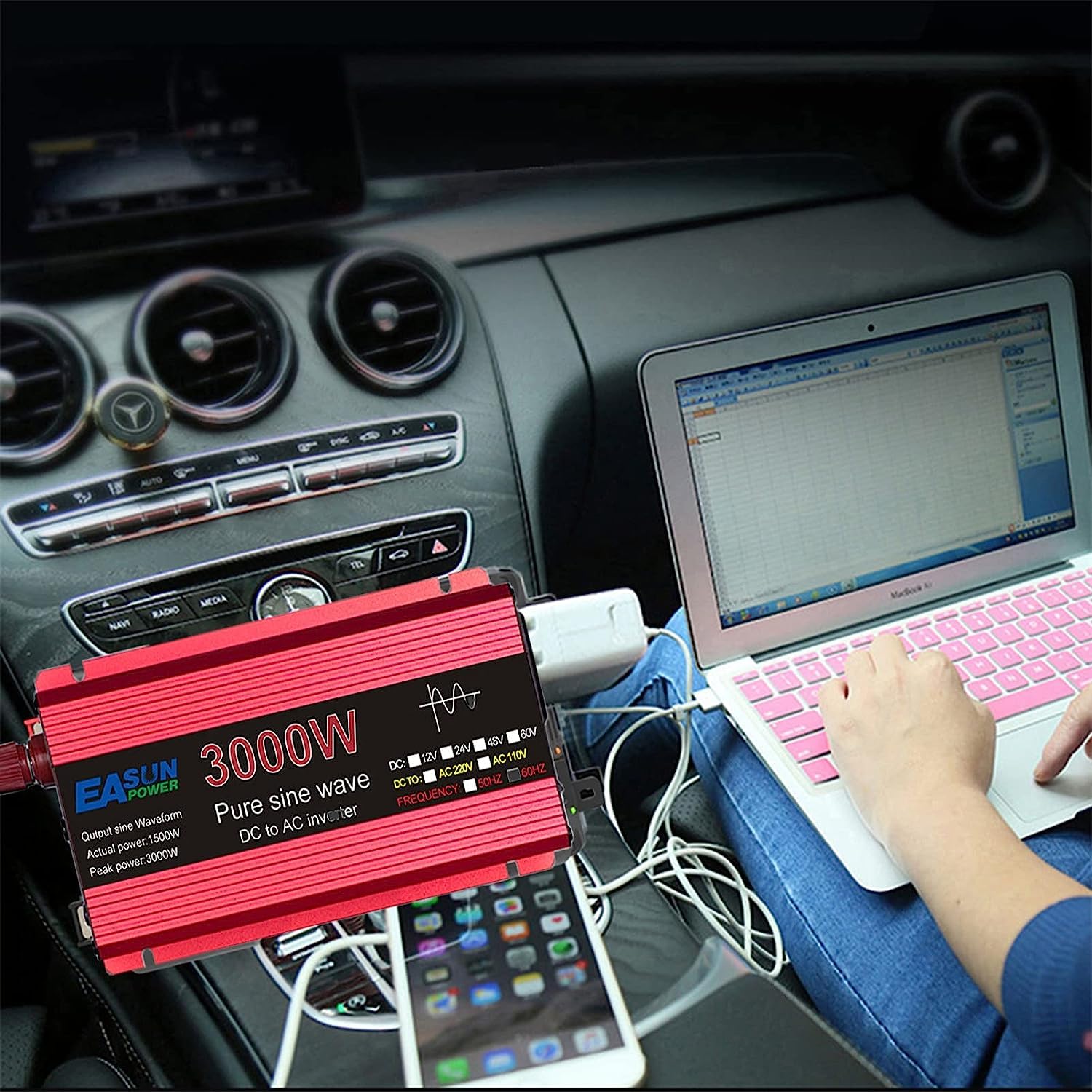 Spannungswandler 1000W 1600W 2200W 3000W Reiner Sinus Wechselrichter DC 12V 24V auf 220V 230V AC Pure Sine Wave Power Inverter Konverter Autokonverter Autoadapter mit Steckdosen (12V,2200W)