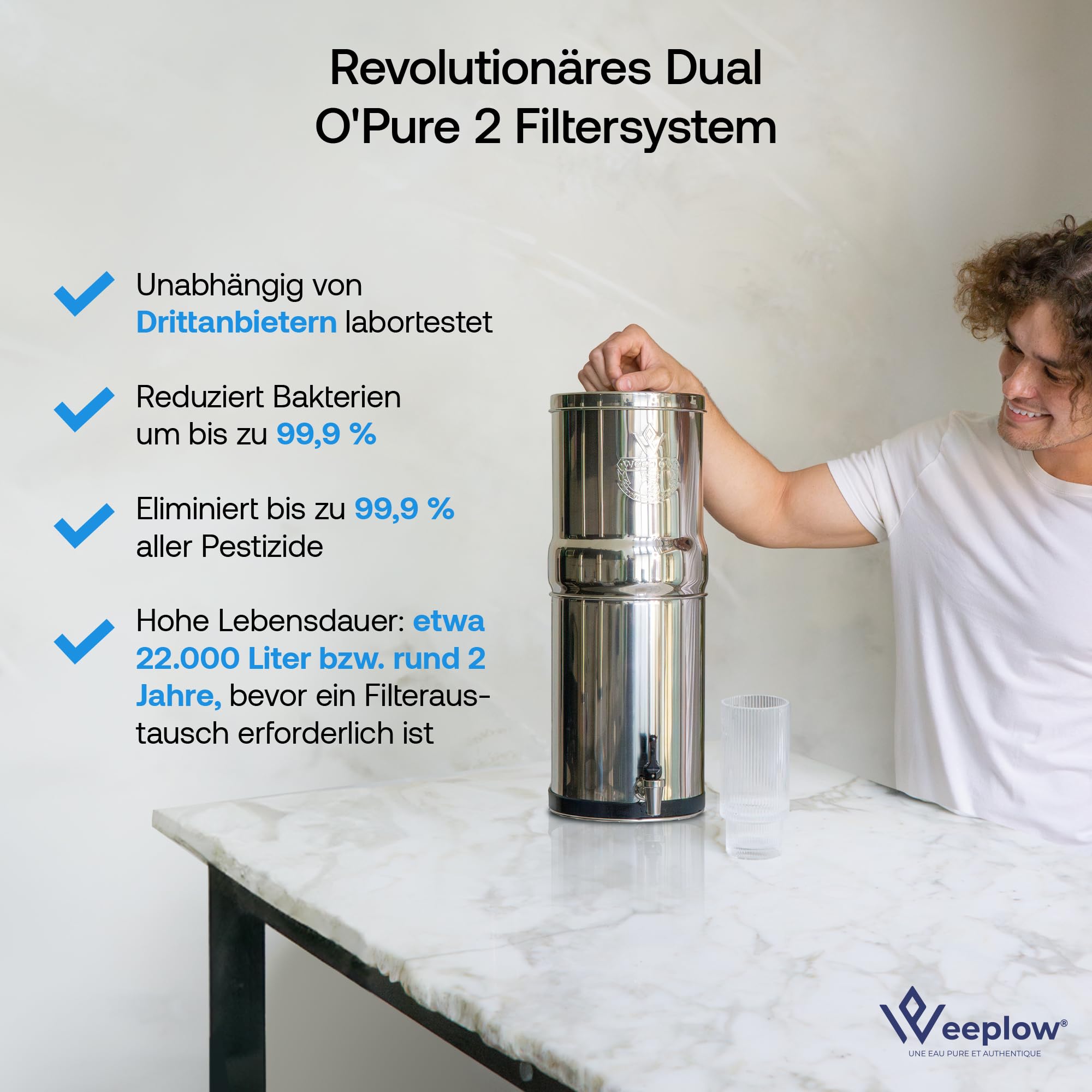 Weeplow Venus ECO Schwerkraft Wasserfiltersystem 5,6 L Edelstahl AISI 304 | AISI 304 Edelstahl mit Auslaufhahn aus Edelstahl. 2 O'Pure 2 Filterelemente enthalten. Filtert ohne Strom und Anschluss.
