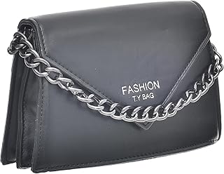 Faux Leather Samll Handbag Modern Design Divided Into Two Parts Internally With Metal Long Strap And Zipper For Women - Black