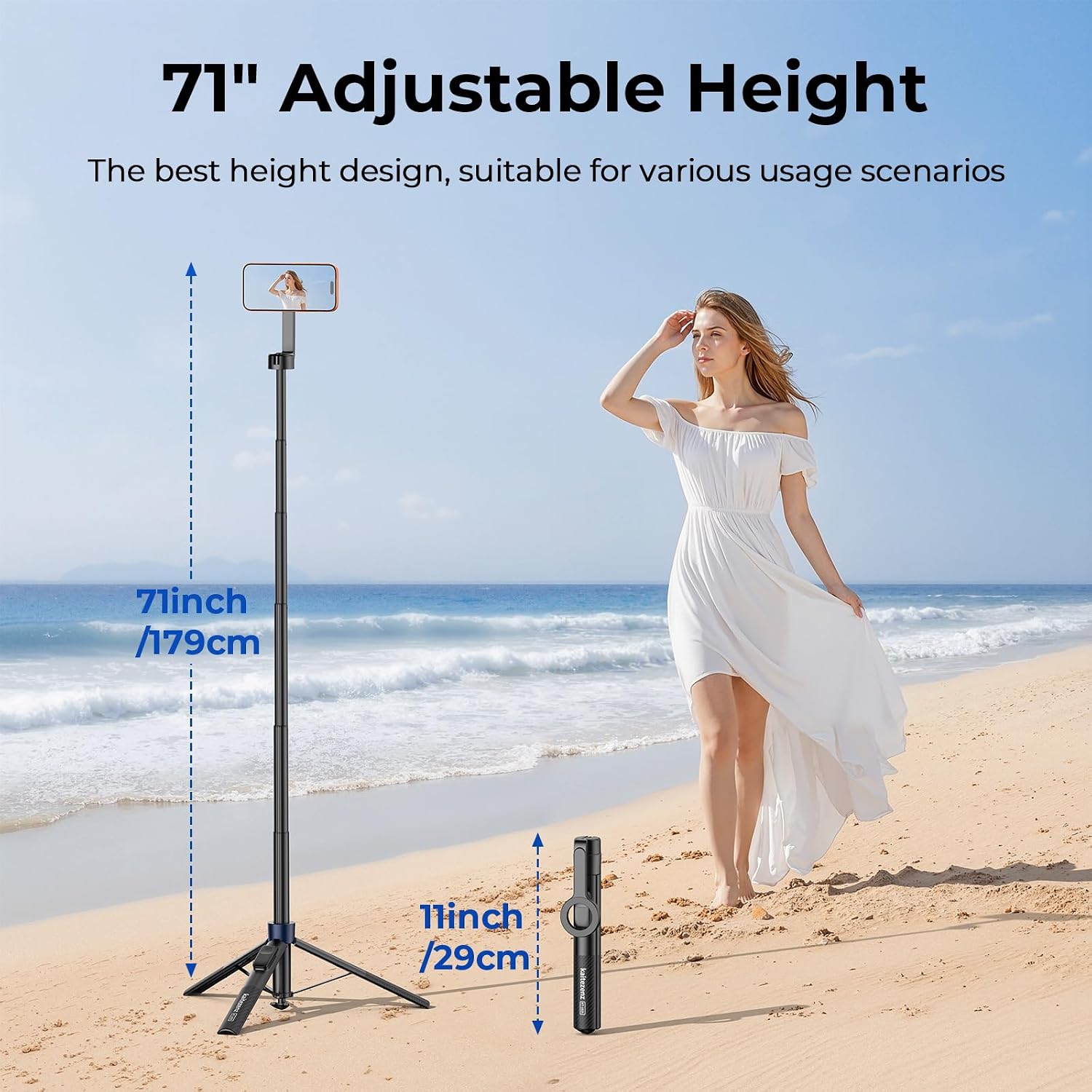 Kaitezenz Auto-Open Magnetic Selfie Stick Tripod for iPhone MagSafe, 71" Cell Phone Tirpod Stand with Metal Ring & Rechargeable Remote for Video Recording Vlogging Black