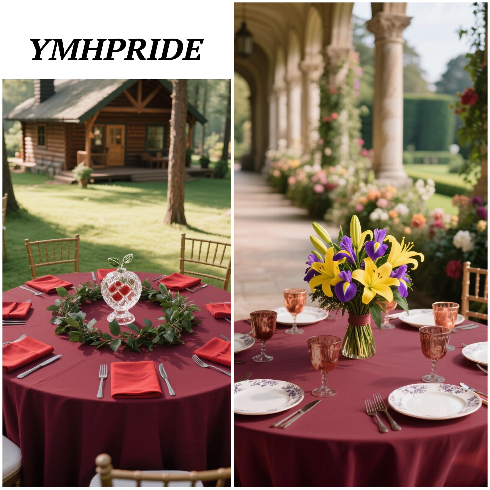 YMHPRIDE 12 nappes rondes bordeaux de 90 pouces, Nappe ronde en tissu polyester lavable pour mariage, banquet, fêtes, dîner de vacances, décoration de table, bordeaux