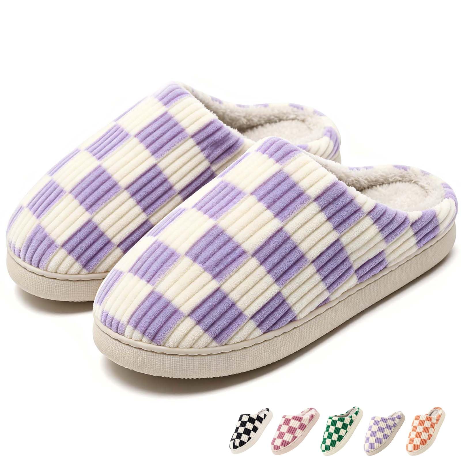 Checkered Slippers for Women and Men - Fuzzy House Slippers with Memory Foam, Comfy Plush Fluffy Indoor House Shoes, Cozy Warm Slip on Bedroom Slippers with Non-Slip Sole