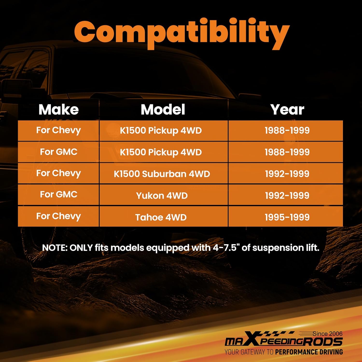 maXpeedingrods Fit 4-7.5" Lift Front Shocks for Chevy/GMC K1500 Pickup Yukon Tahoe 4WD 1988-1999