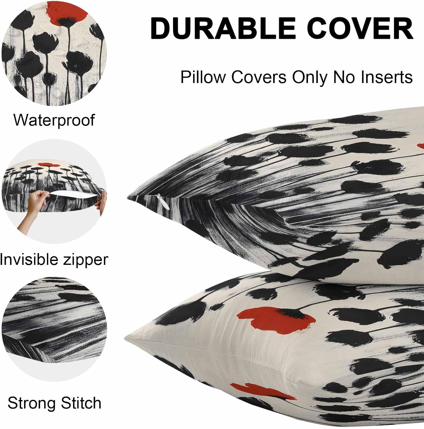 Spring Red Black Floral Outdoor Waterproof Pillow Covers, Modern Oil Painting Poppy Flowers Decorative Square Throw Pillowcase Sofa Cushion Sham for Patio/Couch/Chair, 26"x26" 2 Pack