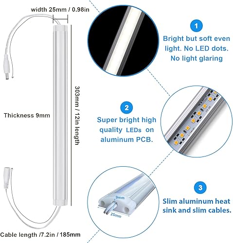 Miniatura 10 de Litever Barra de luz LED, cable blanco, 12 V CC, 3000 K blanco cálido, clips de montaje, tornillos, almohadillas autoadhesivas - Paquete de 2